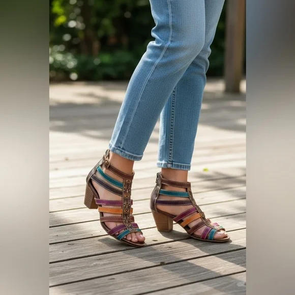 Spring Step Fresh Caged Strappy Heeled Leather Sandals - Picture 5 of 16